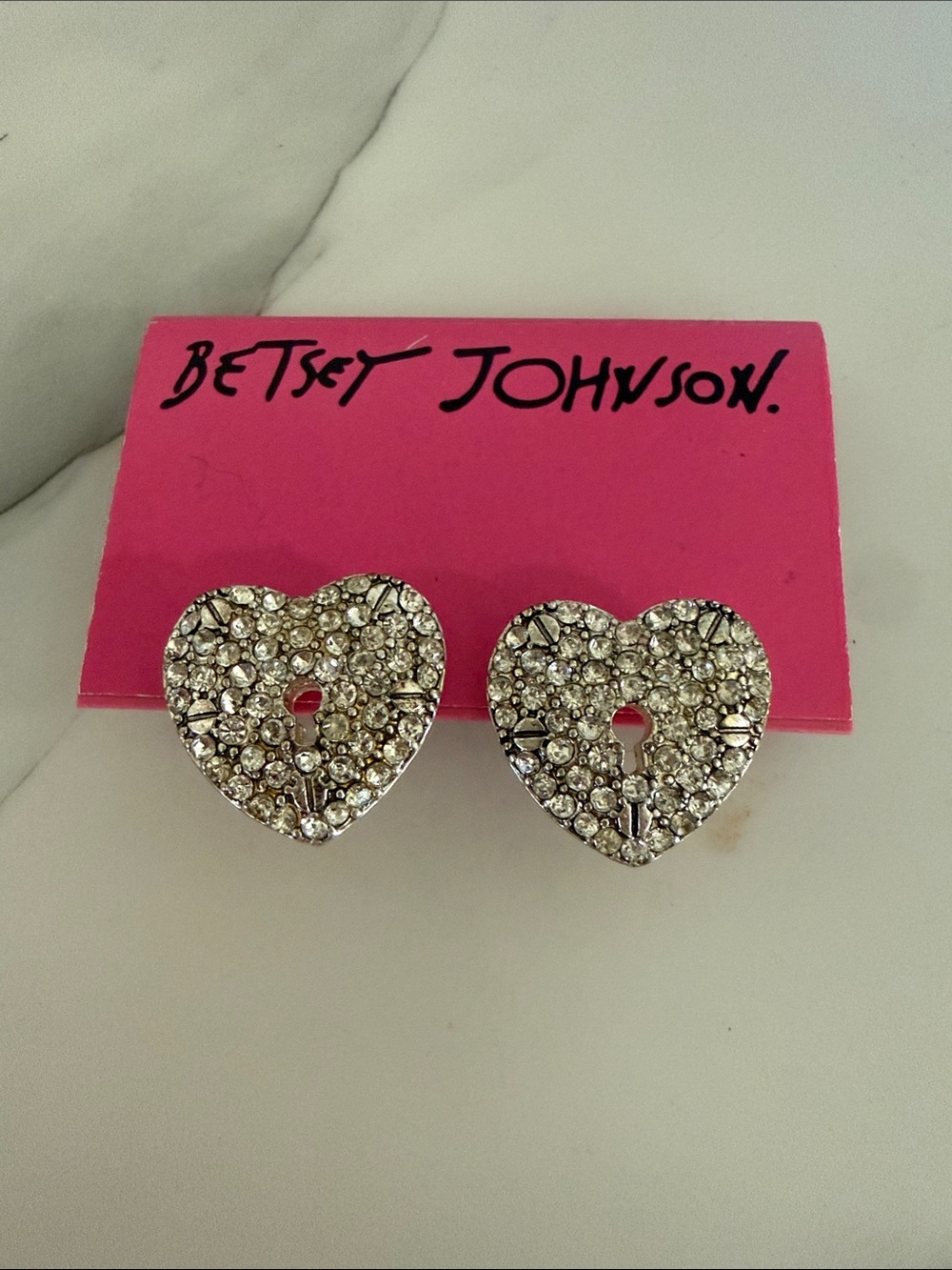 Betsey Johnson Silver Crystal Heart Keyhole Stud Earrings Cubic Zirconia